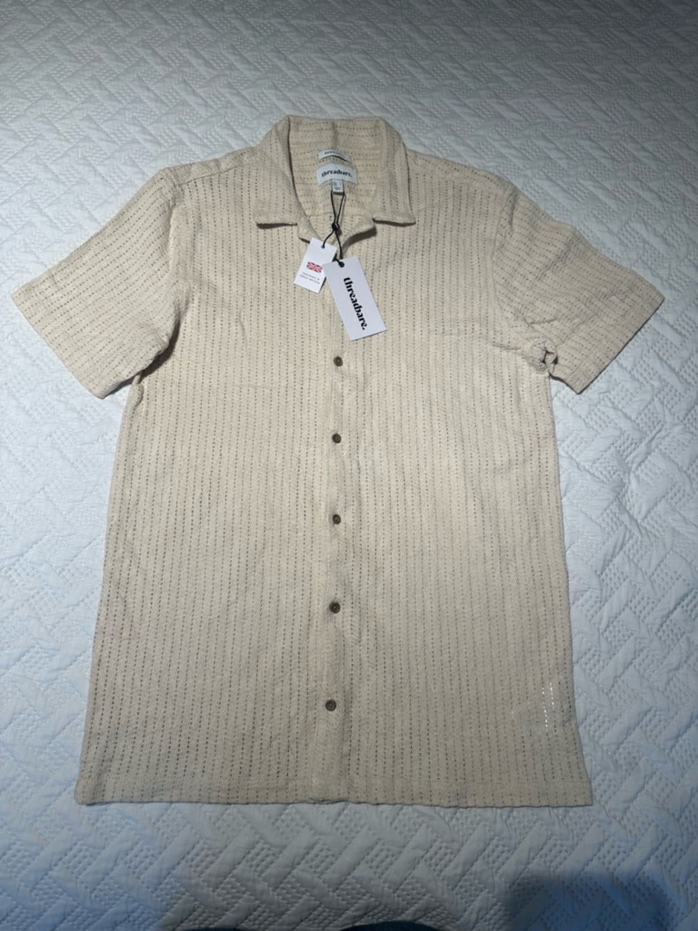 Rivieras Men's Short-Sleeve Knit Button-Down Shirt in Beige
